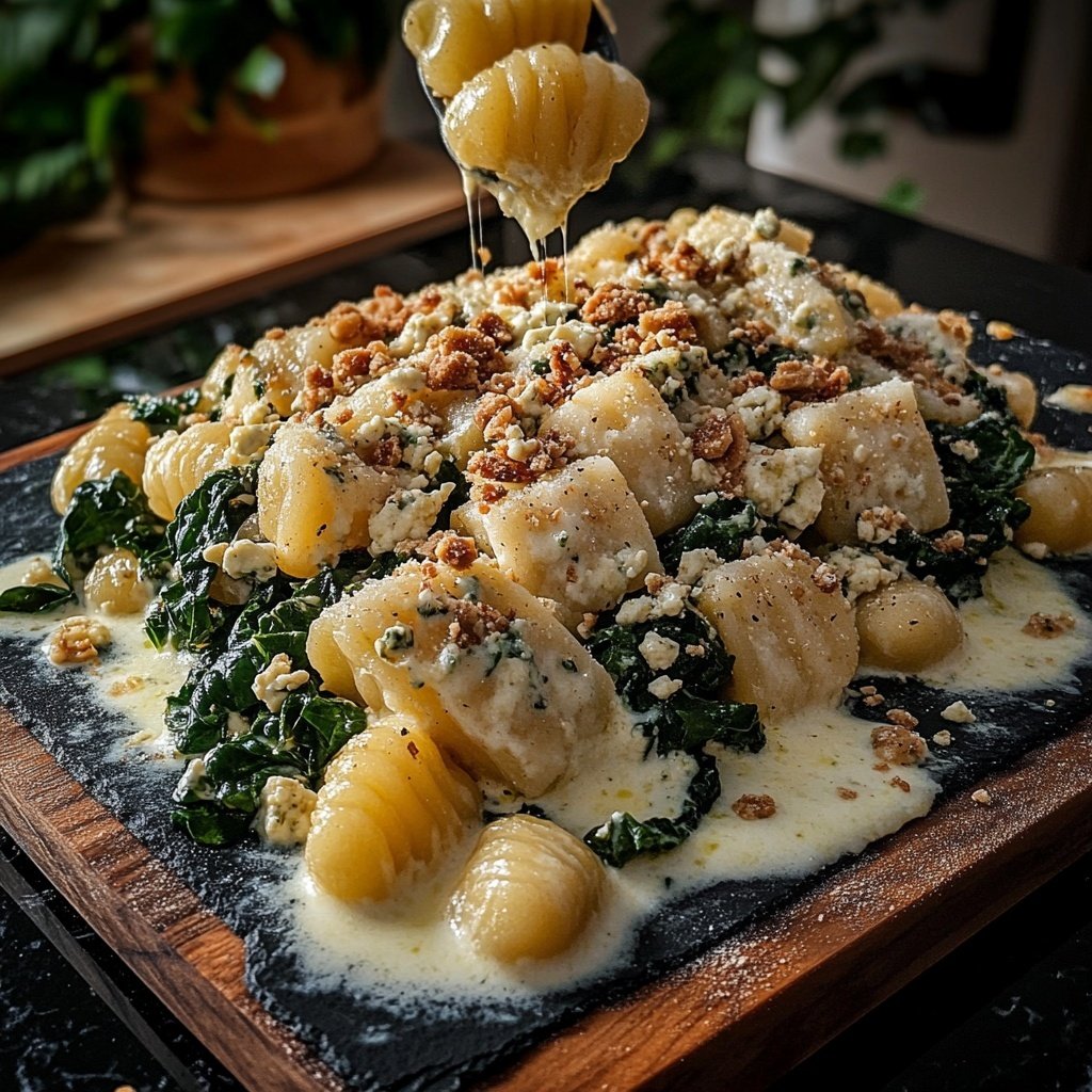 Grünkohl vegetarisch mit Gnocchi, Mascarpone, Gorgonzola und Walnüssen