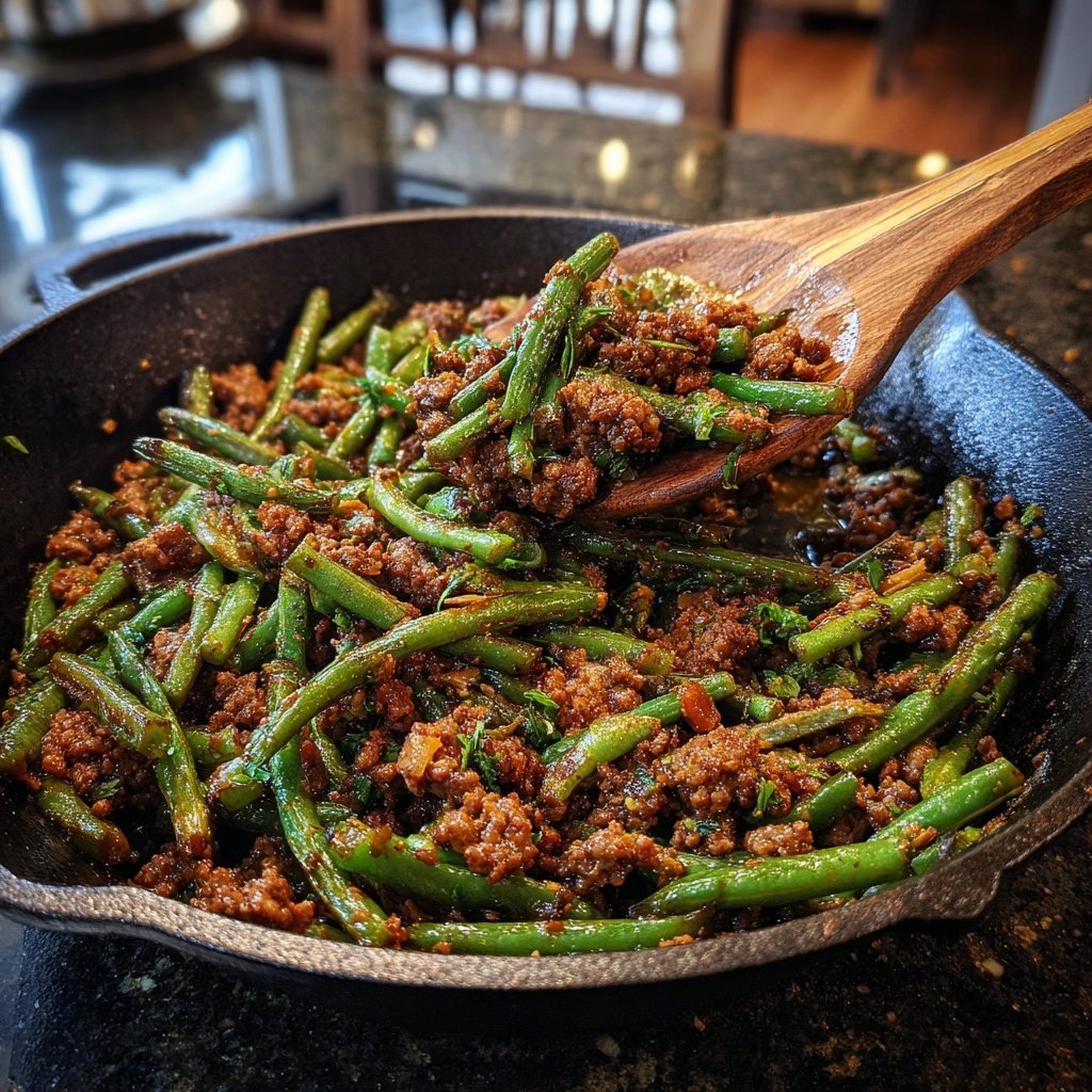 Gemischtes Hackfleisch und grüne Bohnen Pfanne